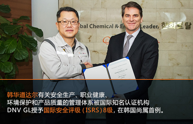 韩华道达尔有关安全生产、职业健康、环境保护和产品质量的管理体系被国际知名认证机构DNV GL授予国际安全评级（ISRS）8级，在韩国尚属首例。