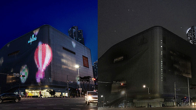 A side-by-side of Hanwha Galleria Centercity's media light display at normal times and turned off for Earth Hour 2023.
